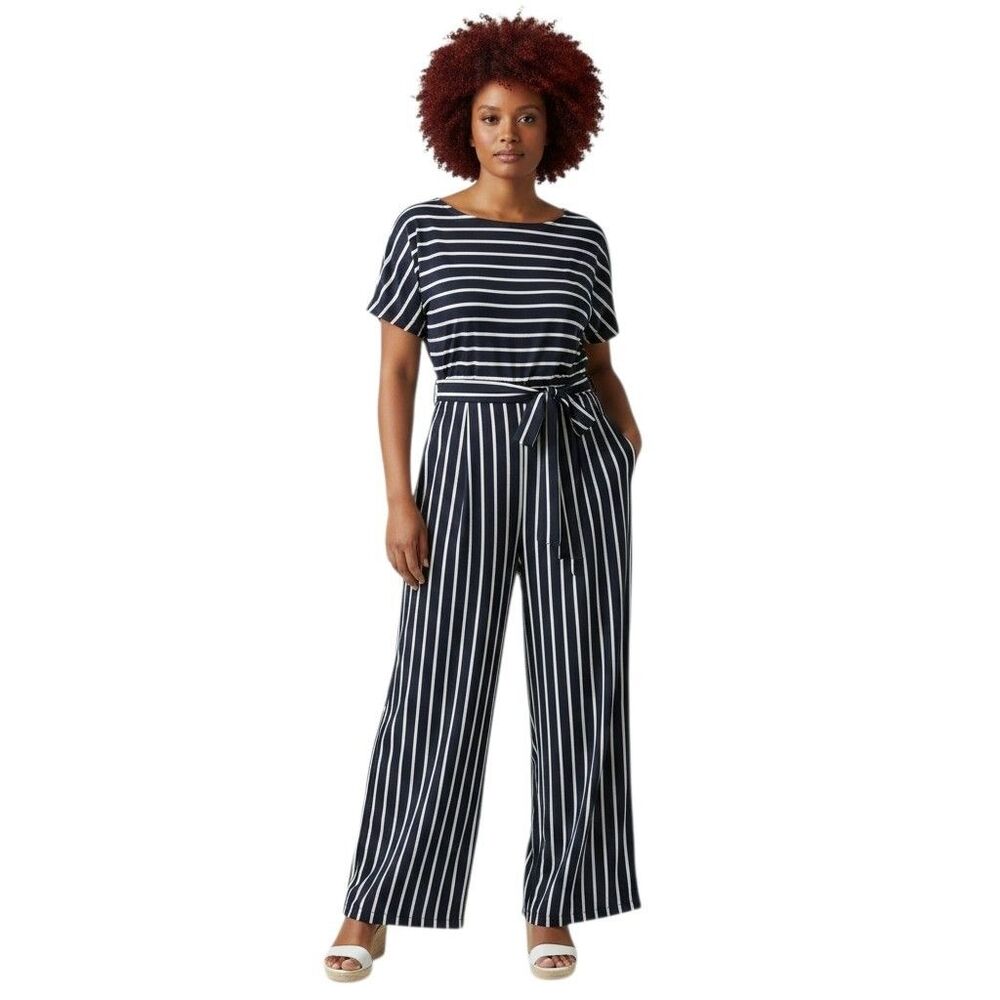 Chicos XL Black White Stripe Wide-Leg Jumpsuit Dolman Sleeve Belt Pockets